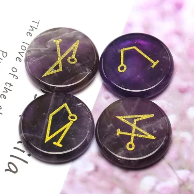 Wholesale Natural Amethyst Palm Rune Stone Set Engraved Stones for Divination