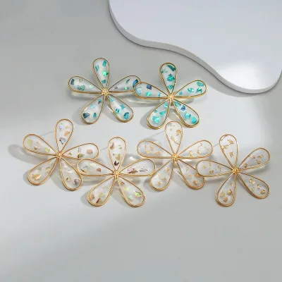INS Fashion Hot Selling New Design Stainless Steel Gold Enamel Transparent Flower Sequins High Sense Stud Flower Earrings