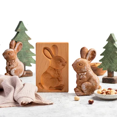 Chocolate Gingerbread Stamped Cookies Mold Bunny Gingerbread Board Childhood 14 cm Carved Wooden Cookie Mold