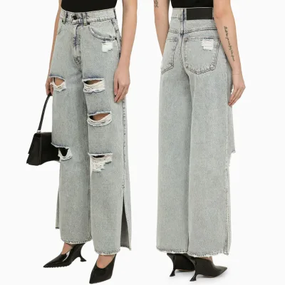 Casual fashion side slit stone wash jeans Custom high quality straight leg jeans women distressed jeans