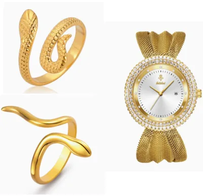 Watch Quartz Diamond Snake Ring 18k PVD Gold Plated Stainless Steel Jewelry Ring Watch Set