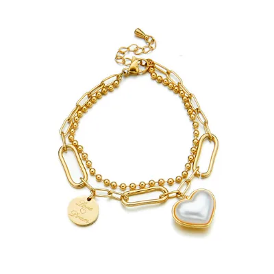 Fashion retro small simple design irregular double chain love pearl engraved round brand pendant bracelet