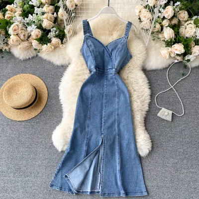 Cut Waist Slim Denim Dress Split commuter Class Strap A-line Dress