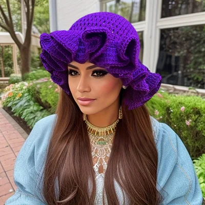 crochet for Cross-Border Solid Color Ruffled Character Hand Embroidery Pleated Edge Wide Brim Fisherman Hat Casual