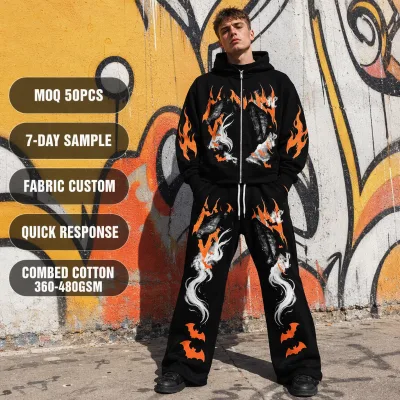 Custom Black Cotton Fleece 480GSM Oversized Flame Ghost Bat Print Full Zip Flare Mens Halloween Gothic Streetwear Tracksuit Set