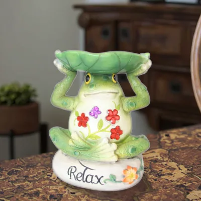 Humorous Sitting Frog Polyresin Bead Statue Animal Sculpture Outdoor Painted Art Deco UV Proof Handicraft Finch Bird Feeder Home