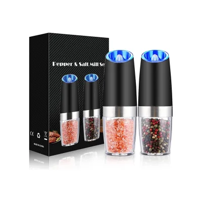2-Piece Adjustable Coarseness Gravity Electric Pepper and Salt Mill Set Battery Powered with LED Light