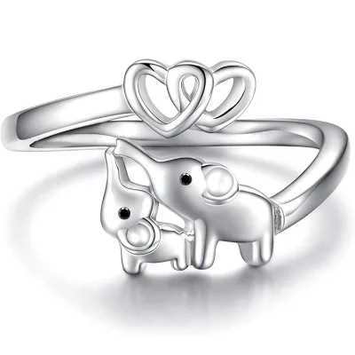 Cute Fine Ring Two Interlock Heart with Elephant Resizeable Rings in Sterling Silver for Mother Gift