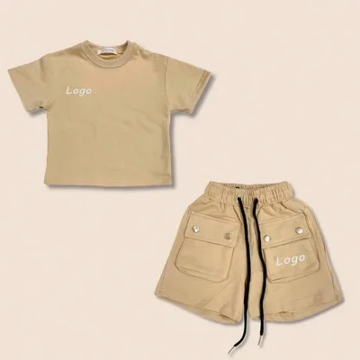 Little Boy Clothing Sets Custom Tshirts with Embroidery Logo Cargo Pocket Shorts Cotton Shorts and Shirt Set