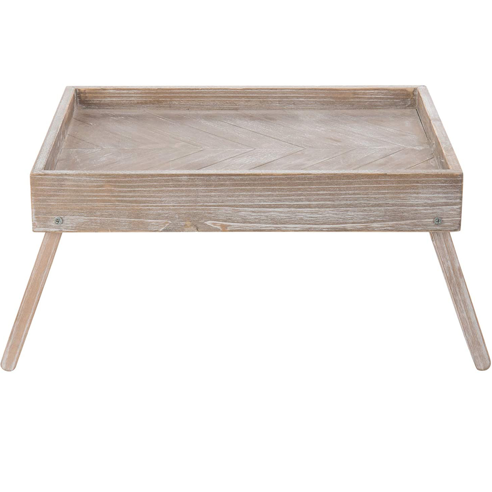 Vintage Style Grey Washed Wooden Breakfast Coffee Tray With Folded Wood Legs.