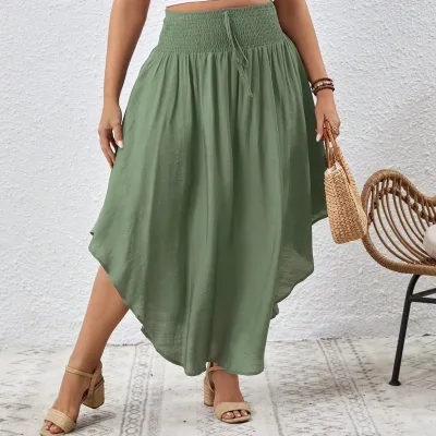2025 Cauaal Style Summer Casual Women Clothing Plus Size Womens Skirt Irregular Hem Waistline Solid Pattern Smoking Waistline