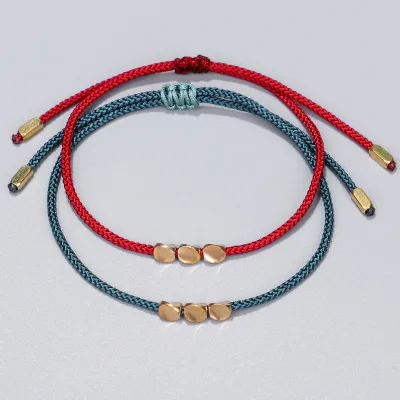 Ethnic Buddhist Tibetan Copper Bead Red Bracelet Women Men Vintage Handmade Thread Braided Rope