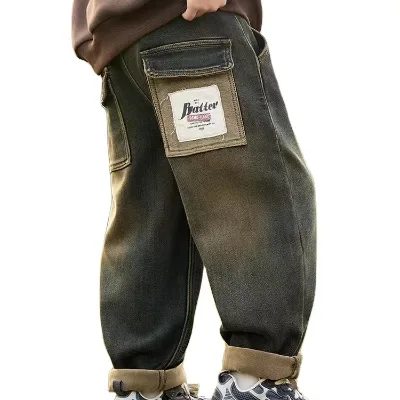 2026 New Boys' Padded Thickened Patch Jeans Winter New Simple Leisure Loose Jeans Pants