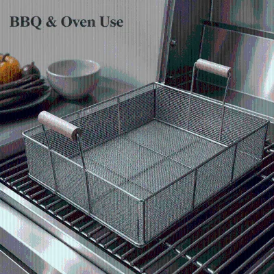 Rectangular Metal Mesh Basket with Wooden Grip Handles for BBQ and Oven Use OEM ODM Custom Size