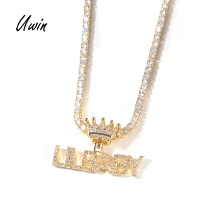 New Arrival Crown Name Small Letter Initial Charm Name Plate Pendant Women Men Rapper Necklace