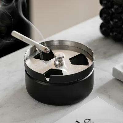 Modern Minimalist Custom Logo Stainless Steel Eco-Friendly Desktop Ashtray Rotating Windproof Lid 4 Colors Smoke Home Office Use