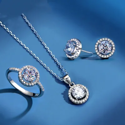 Fashion Jewelry S925 Sterling Silver Zircon Crystal Necklace Ring Earring Set Three Piece Diamond Wedding Jewelry Set