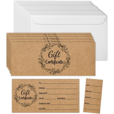 Gift Certificates Blank Kraft Gift Cards Certificates with Envelopes, for Salon Restaurants Spa Marriage Birthday Client Voucher