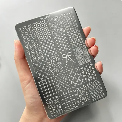 Romantic Heart Grid Bow Nail Stamping Plate Stainless Steel Lace Grid Nail Art Transfer Tool Valentine's Day Nail Stamping Plate