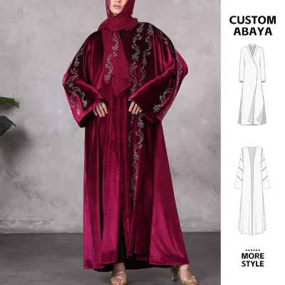 Aschulman Custom Long Winter Coat Muslim Designer Hot Drill Embroidery Kimono Open Abaya Velvet for Women