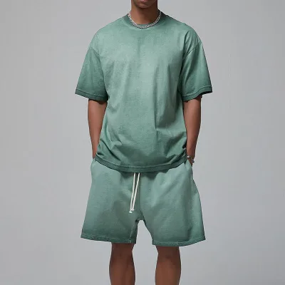 Acid Wash Summer Set Cotton Heavy Wash T Shirt Dtg Customize Cotton T Shirt and Shorts Acid Wash Shorts Set for Men