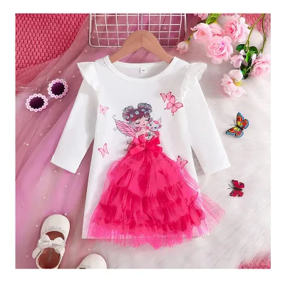 2024 Baby Wear 2-6T Young Girl Clothes 3D Girl Figure Graphic Ruffle Trim Layered Mesh Hem Dress Baby Clothes Girls