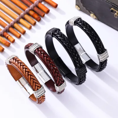 Ethnic Style Leather Wristband Braided Cable Leather Bracelet Handcrafted Versatile and Fashionable Magnetic Clasp