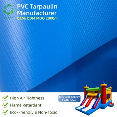 OEM Custom Heavy Duty UV Stabilized Non-Toxic 610gsm Blue PVC Tarpaulin Fabric Roll for Kids Bouncy Castle