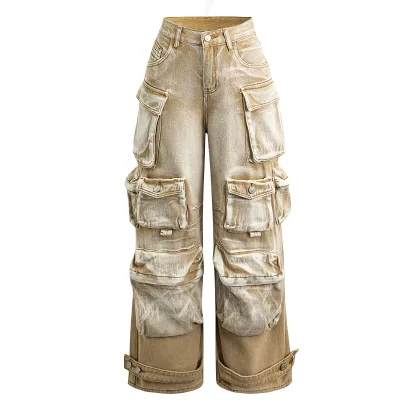 Y2K Hip Hop High Street Eco-Friendly Unisex Cargo Baggy Denim Jeans Heavy Washed Wide Leg Straight Multi Pockets Jean Pants