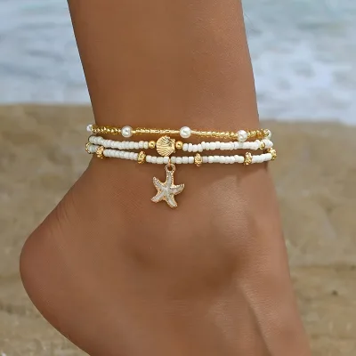 Bohemian Stacked White Beaded Anklet Layered Pearl Anklet Gold Shell Starfish Tassel Anklet for Women Jewelry Gift