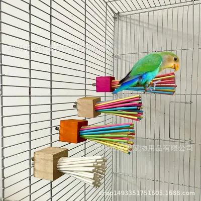 Bird Toy Parrot Wooden rainbow Paper Stick Grinding Teeth Biting Venting Toy Swing Standing Stick Stand