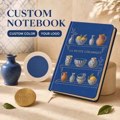 LABON Custom Ceramic Journal Royal Blue Hardcover Gold Foil Serif Title White Shelves Blue Vases Lemons Terracotta Cream Ribbon