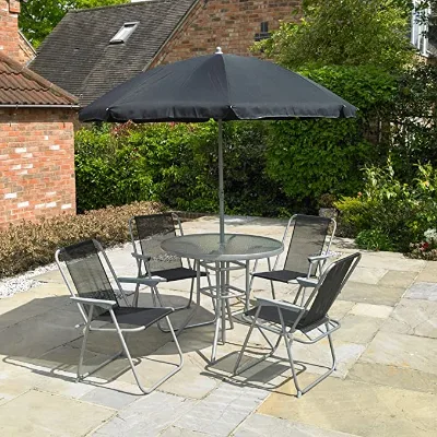 6 Piece Garden Patio Furniture Set. Comprises of Folding Cream Textile and Black, Powder Coated Steel Chairs, Round Table