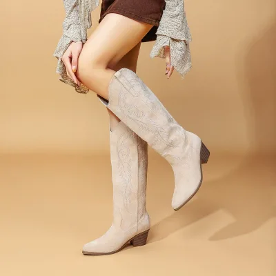 Womens Western Fashion Boots Faux Suede Embroidered Mid Calf Vintage Cowboy Style Boots for Women Black Apricot Sizes 35 to 43