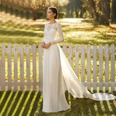 Evening Dress Bridal Gown O-neck Long Sleeve Detachable Trailing Vintage Lace Elegant Chiffon Simple Looking Party Dress