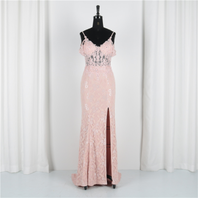 Latest Designs Spaghetti Strap Lace High Split Backless Women Pink Evening Appliqued Prom Dresses