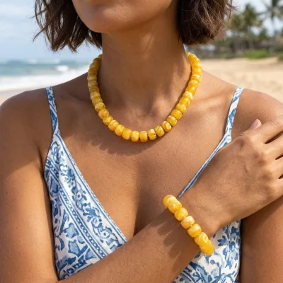 Yellow Acrylic Beaded Necklace Bracelet Jewelry Set Rondelle Marble Swirl Bead Gold Lobster Clasp Heart Charm Extender Gift