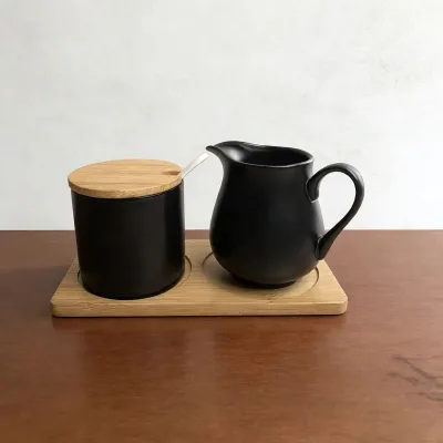 Matte Black Ceramic Sugar and Cream Set with Bamboo Tray Milk Jug and Sugar Bowl Coffee Serving Set for Cafe Home and Kitchen