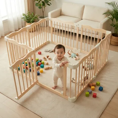 Baby Toddler Playpen Natural Wood Foldable Portable Extra Large Suction Cups Secure Play Area Unisex