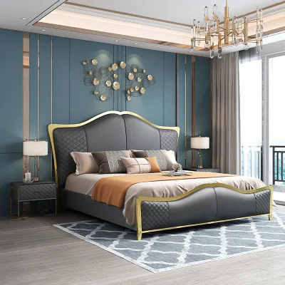 Custom Modern Minimalist Bedroom Furniture Set Wooden Large Frame Upholstered Bed