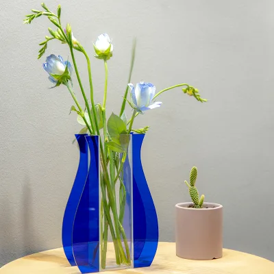 INS Acrylic Vase Transparent Blue Table Top Acrylic Flower Vase for Wedding