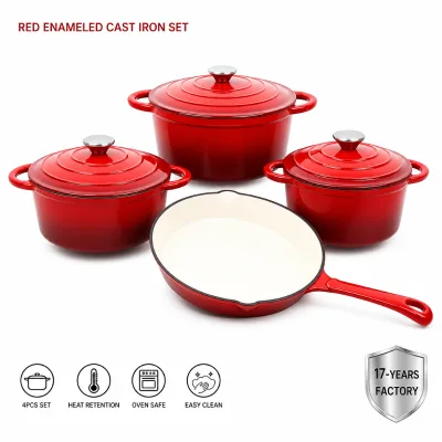 Senny Red Enameled Cast Iron Cookware Set 4 Piece Dutch Ovens and Skillet with Lids Wholesale Factory