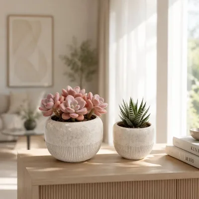 Nordic Minimalist Ribbed Ceramic Flower Pot Matte Speckled Succulent Planter for Home Office Garden Decoration
