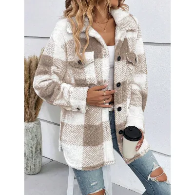 Women's Clothing Wholesale Plaid Print Drop Shoulder Flap Pocket Teddy Coats for Ladies Winter