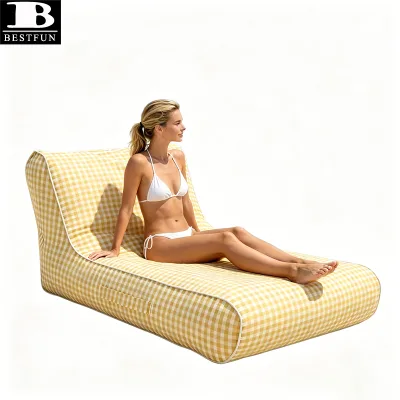 Ergonomic Inflatable Pool Lounger Vibrant Yellow Gingham Floating Water Couch Heavy Duty Sunbed for Adult
