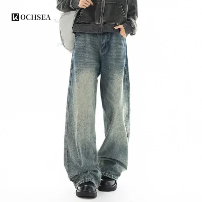 American Vintage Washed Cotton Denim Jeans Men Women Trendy New High Street Loose Wide-leg Mid Waist Versatile Casual Straight