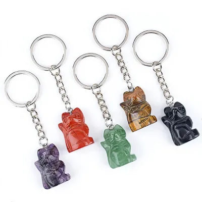 Wholesales Natural Amethyst Key Chain Crystal Carved Lucky Cat Keychain Pendant Crystal Design for DIY Bag Car Pendant