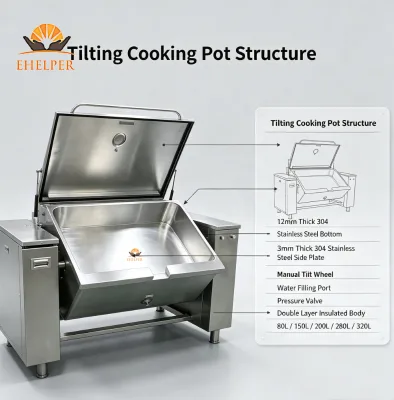 Electric Tilting Bratt Pan SUS304 Multi Purpose Braising Blanching Cooking Pan for Medium Size Catering Kitchen