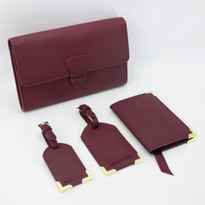 PU Leather Business Travel Set Long Wallet Metal Cornered Passport Holder and Luggage Tag