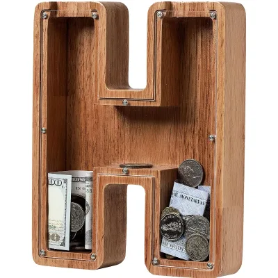 Wooden Piggy Bank for Kids Boys Girls American Style Multifunction Portable Large Letter Alphabet Money Box Fun Gift